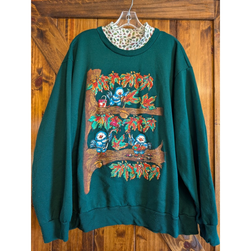 Vintage Basic Editions Plus Green Bluebird Fall Leaves Sweatshirt 3X Mock Neck